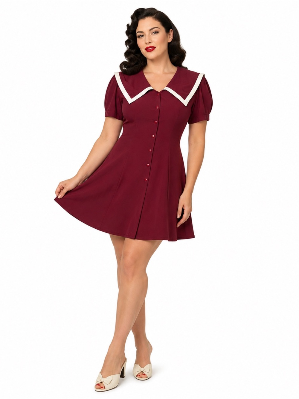 Vintage 90s Rampage Burgundy‎ Sailor Dress Rockabilly Preppy Flared Skirt Large